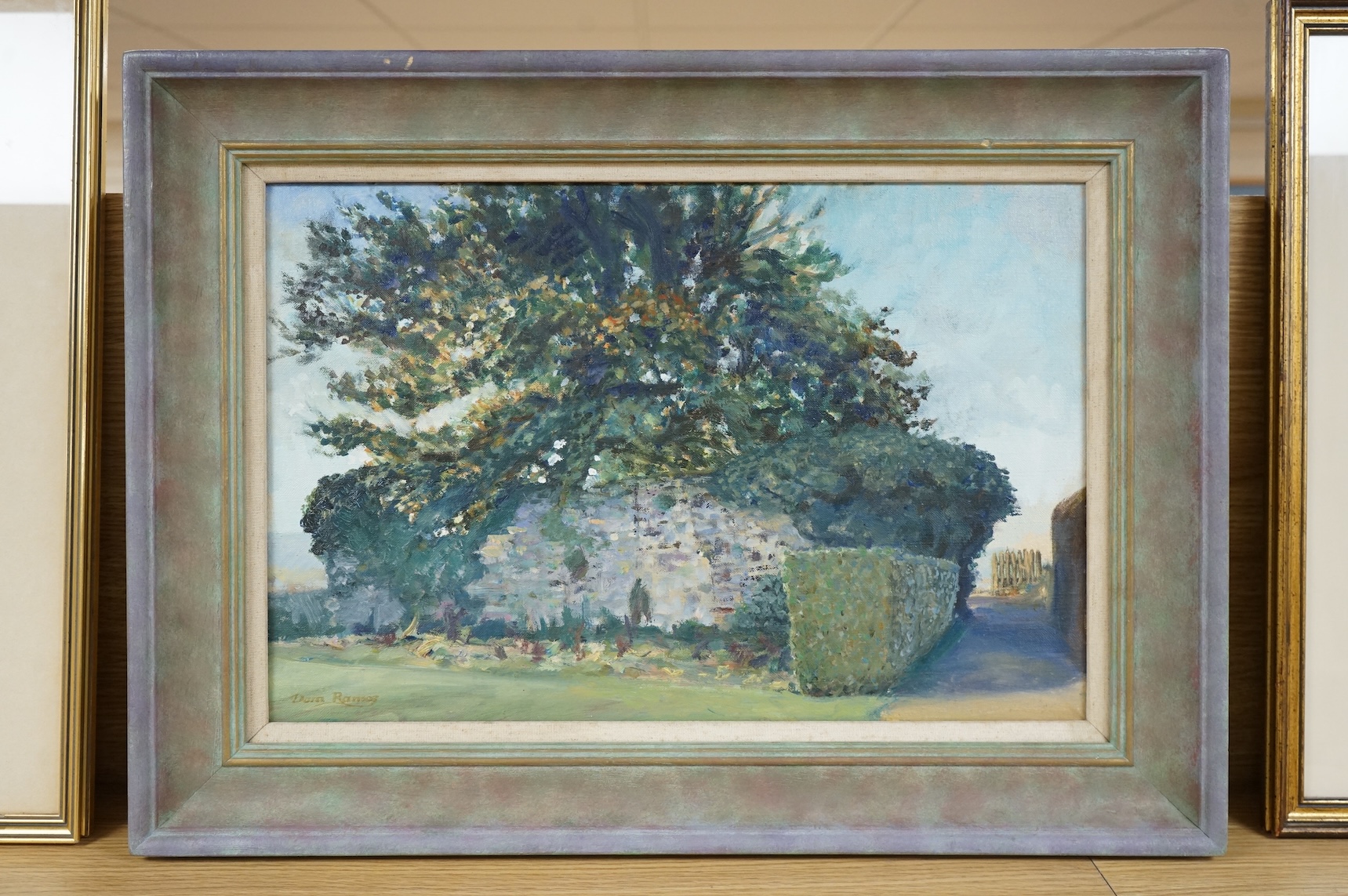 Dom Ramos (b.1966), ‘Priory Wall’, signed, oil on canvas, 28 x 43cm